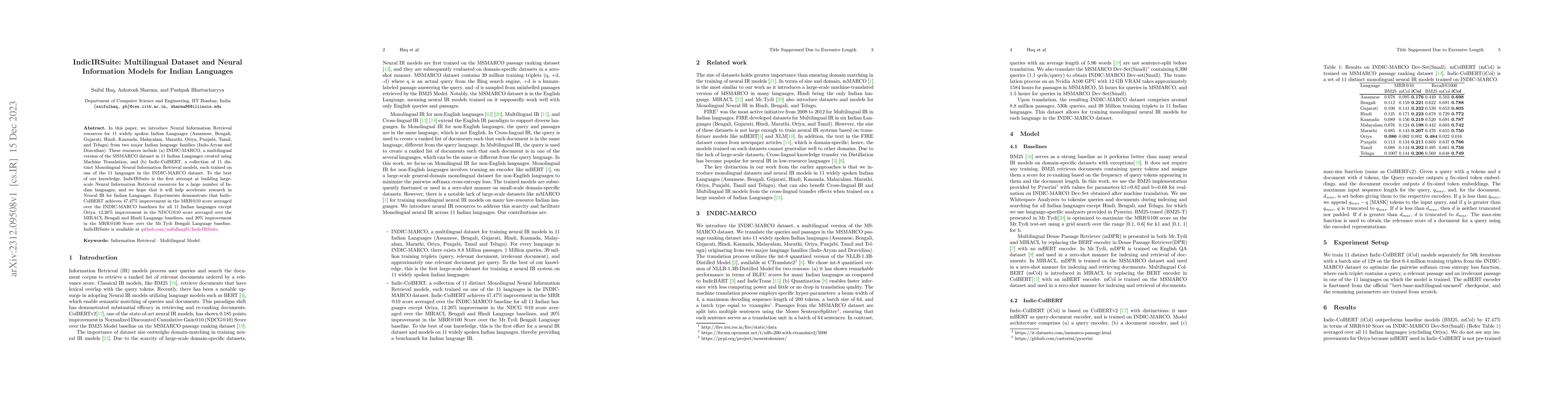 Thumbnail for IndicIRSuite: Multilingual Dataset and Neural Information Models for
  Indian Languages