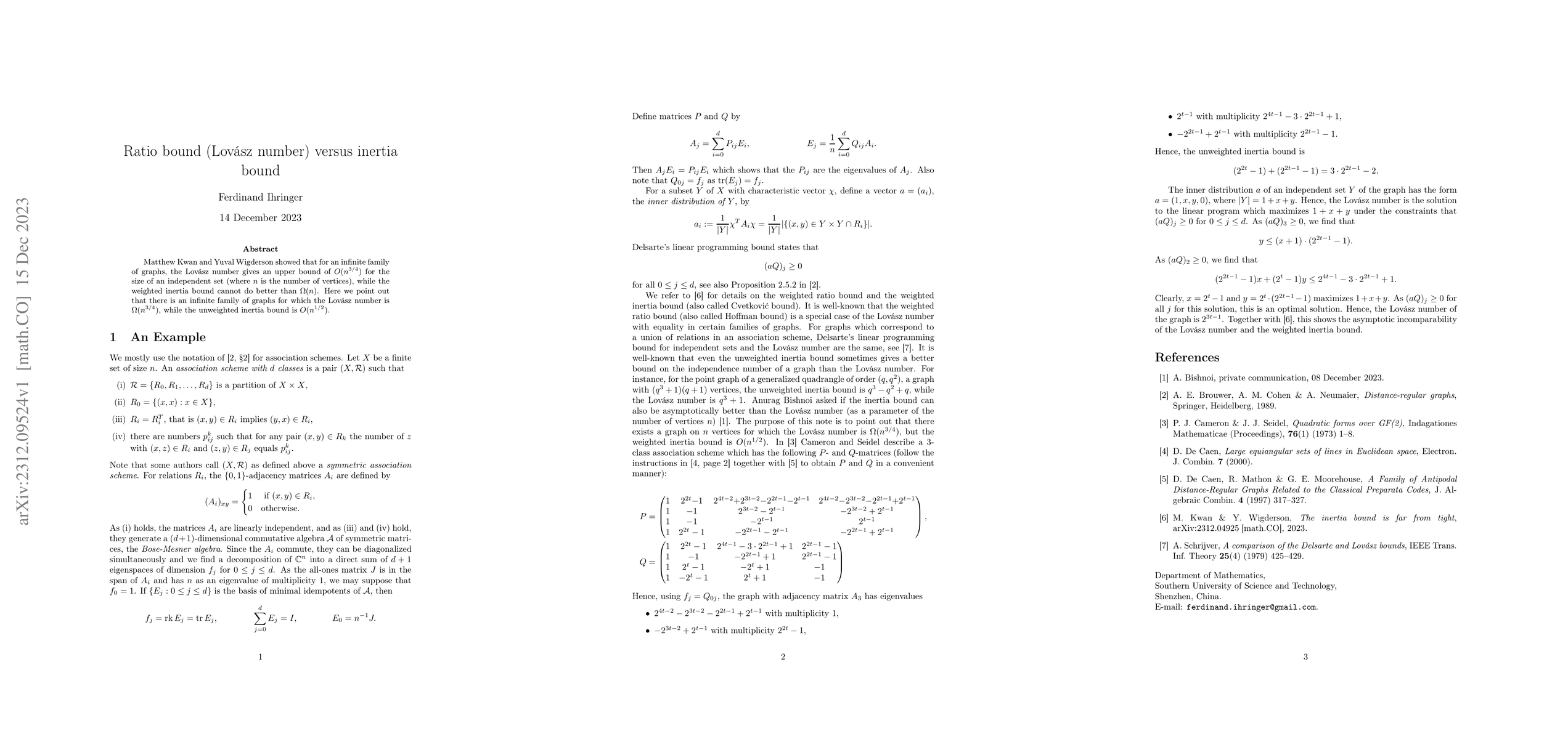 Thumbnail for Ratio bound (Lov\'asz number) versus inertia bound