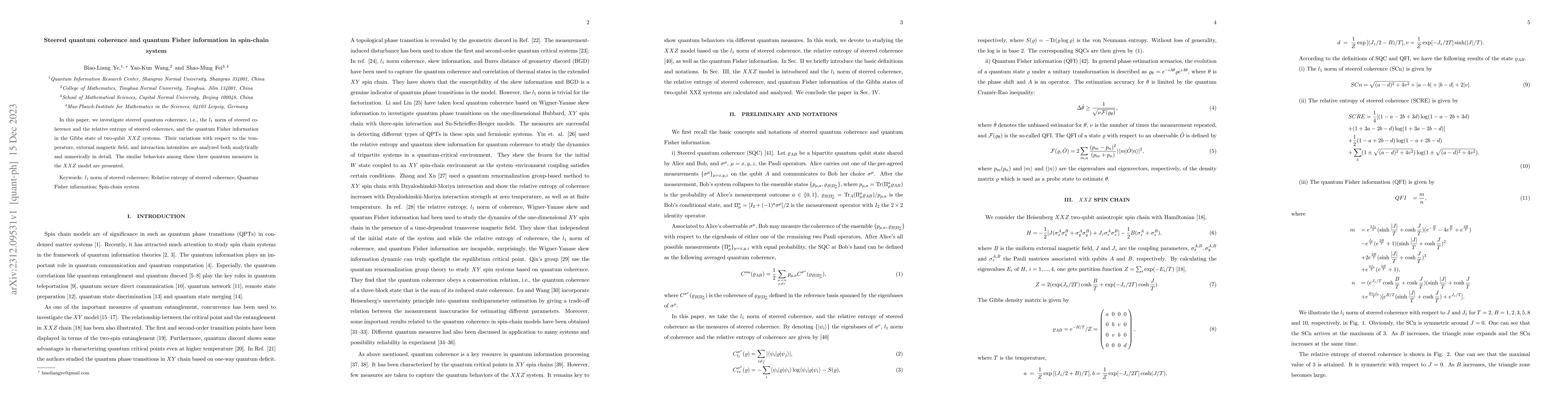 Thumbnail for Steered quantum coherence and quantum Fisher information in spin-chain
  system