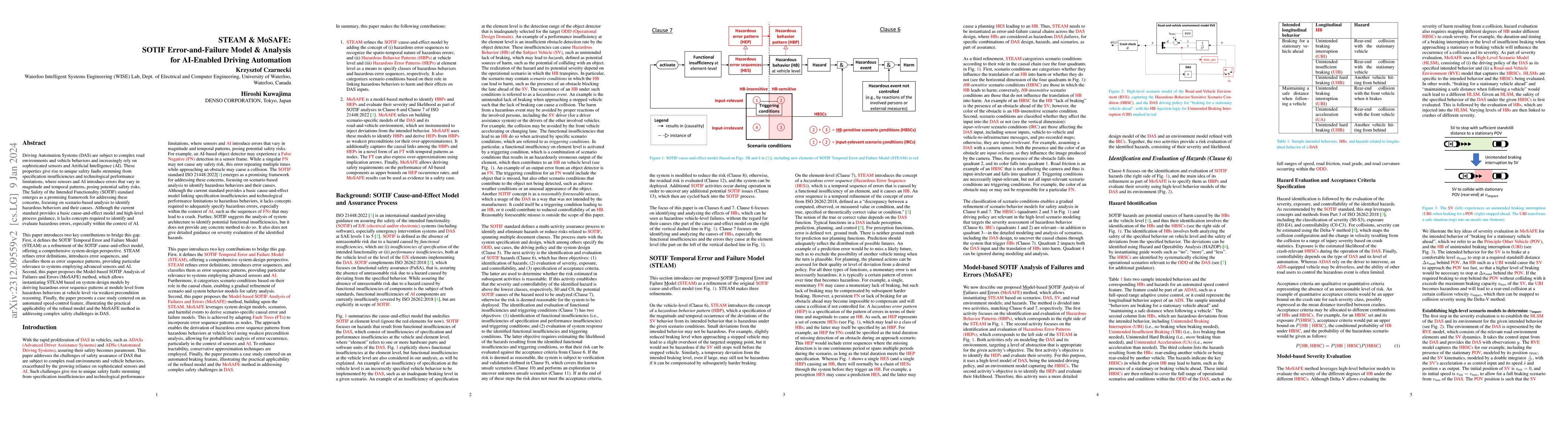 Thumbnail for STEAM & MoSAFE: SOTIF Error-and-Failure Model & Analysis for AI-Enabled
  Driving Automation