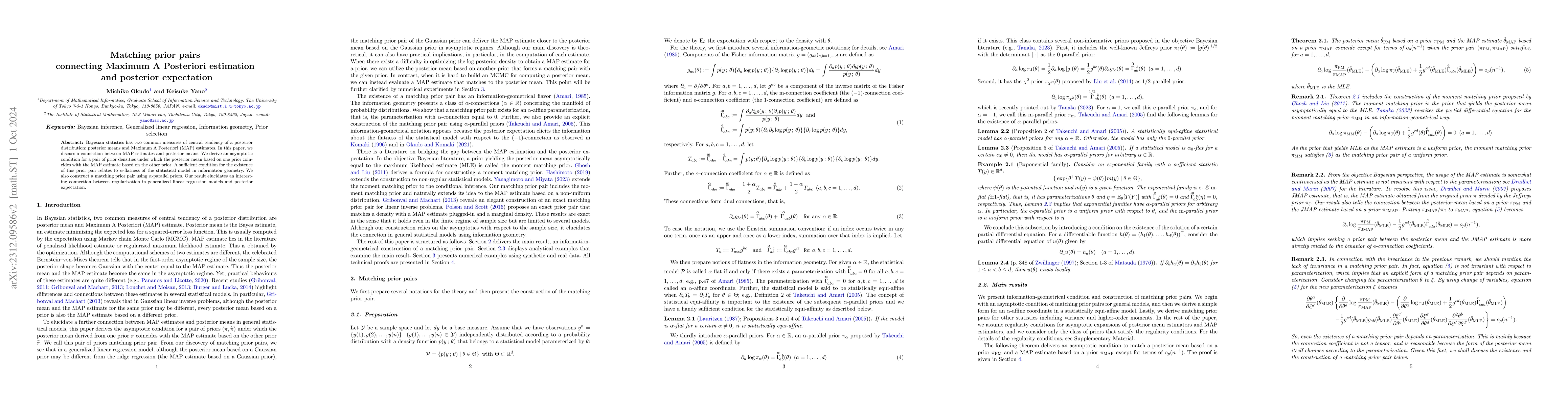 Thumbnail for Matching prior pairs connecting Maximum A Posteriori estimation and
  posterior expectation