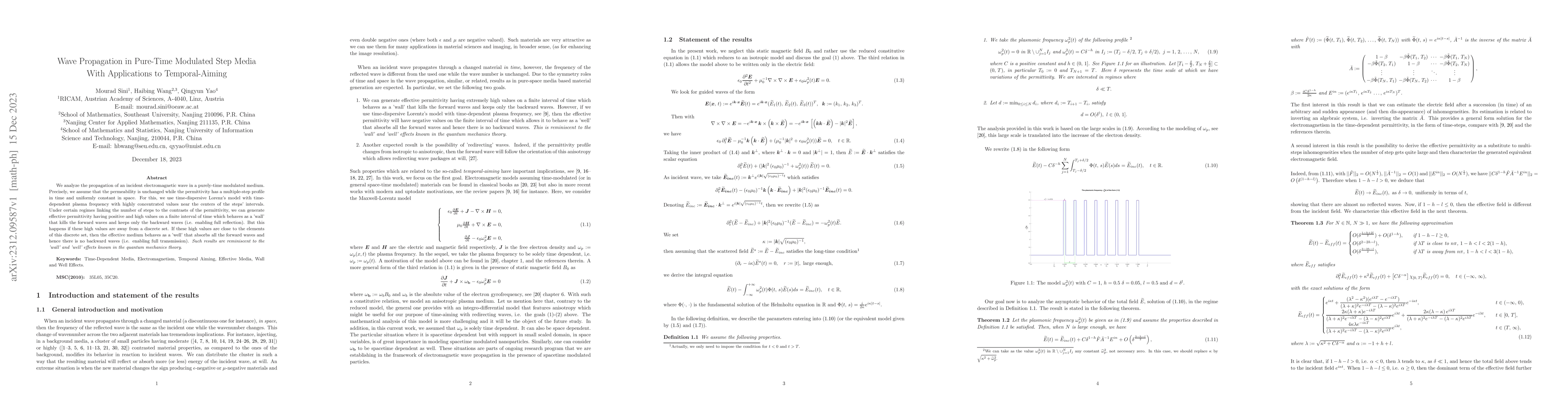 Thumbnail for Wave Propagation in Pure-Time Modulated Step Media With Applications to
  Temporal-Aiming