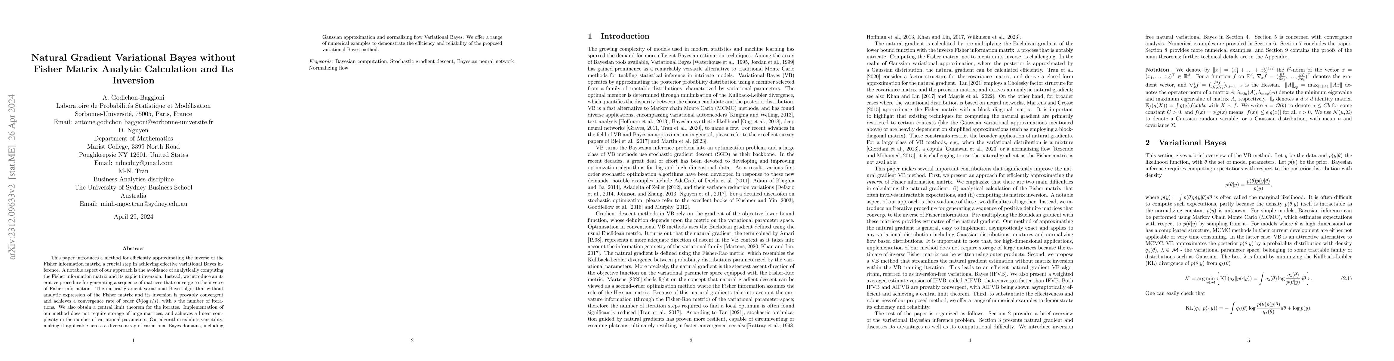 Thumbnail for Natural Gradient Variational Bayes without Fisher Matrix Analytic
  Calculation and Its Inversion