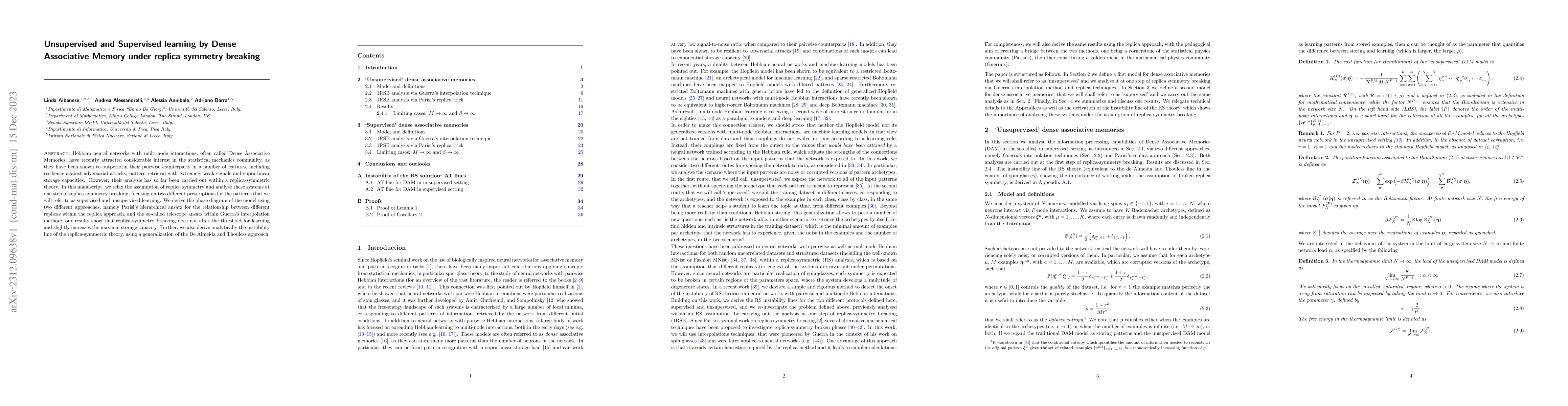 Thumbnail for Unsupervised and Supervised learning by Dense Associative Memory under
  replica symmetry breaking