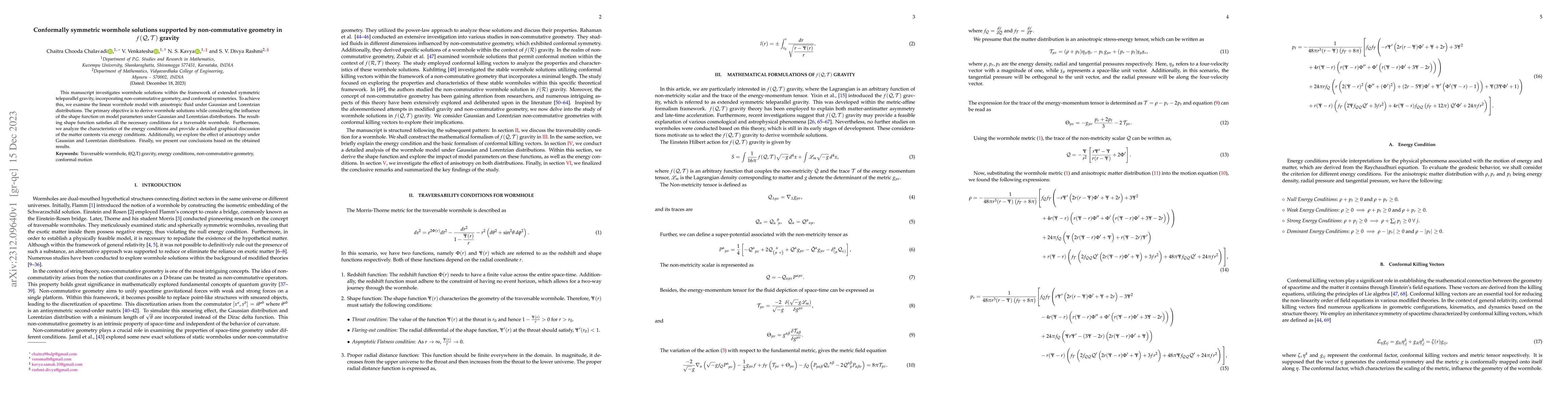Thumbnail for Conformally symmetric wormhole solutions supported by non-commutative
  geometry in $f(Q,T)$ gravity