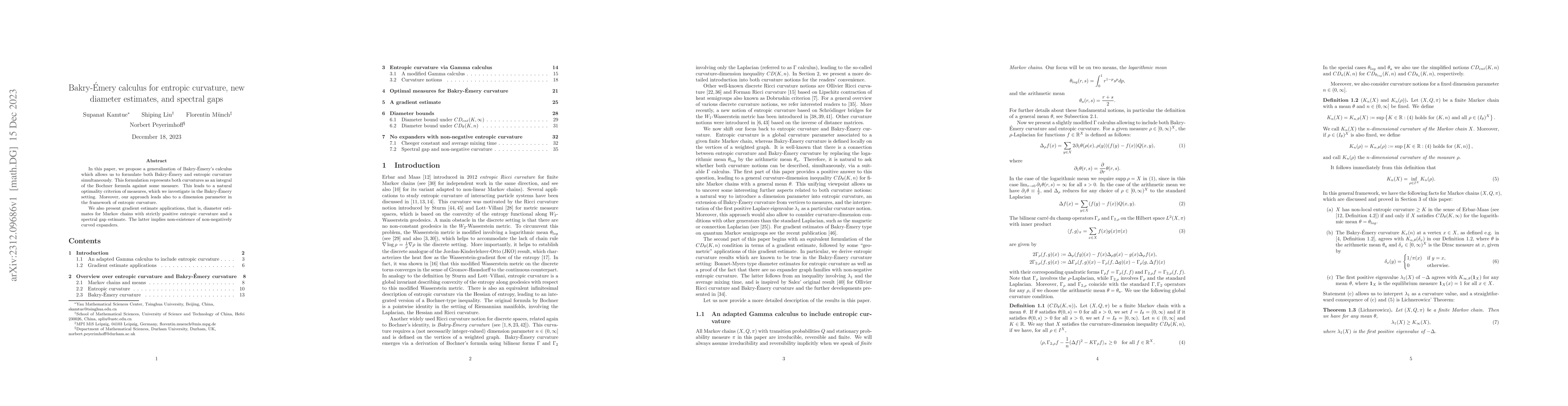 Thumbnail for Bakry-\'Emery calculus for entropic curvature, new diameter estimates,
  and spectral gaps