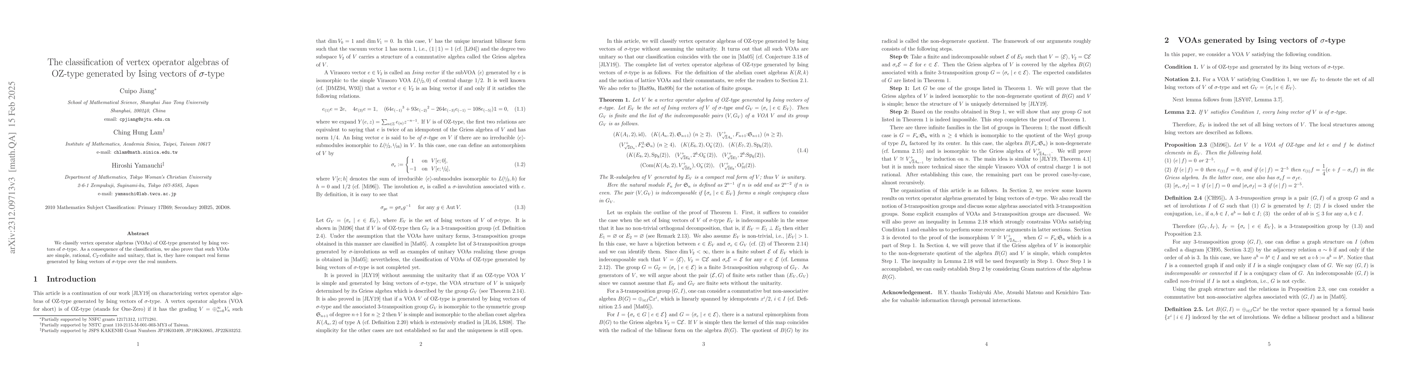 Thumbnail for The classification of vertex operator algebras of OZ-type generated by
  Ising vectors of $\sigma$-type