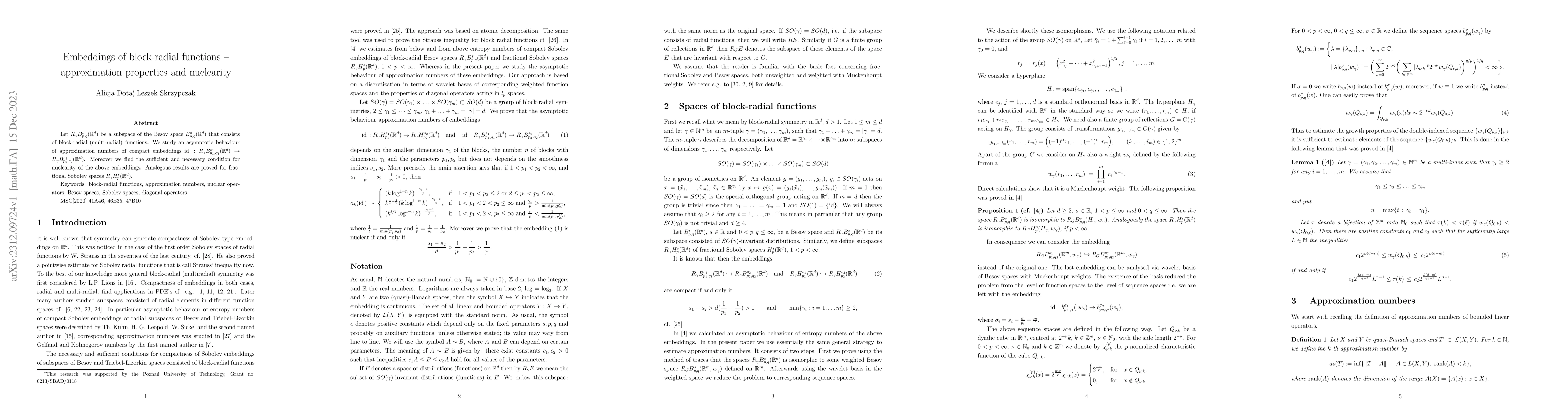 Thumbnail for Embeddings of block-radial functions -- approximation properties and
  nuclearity