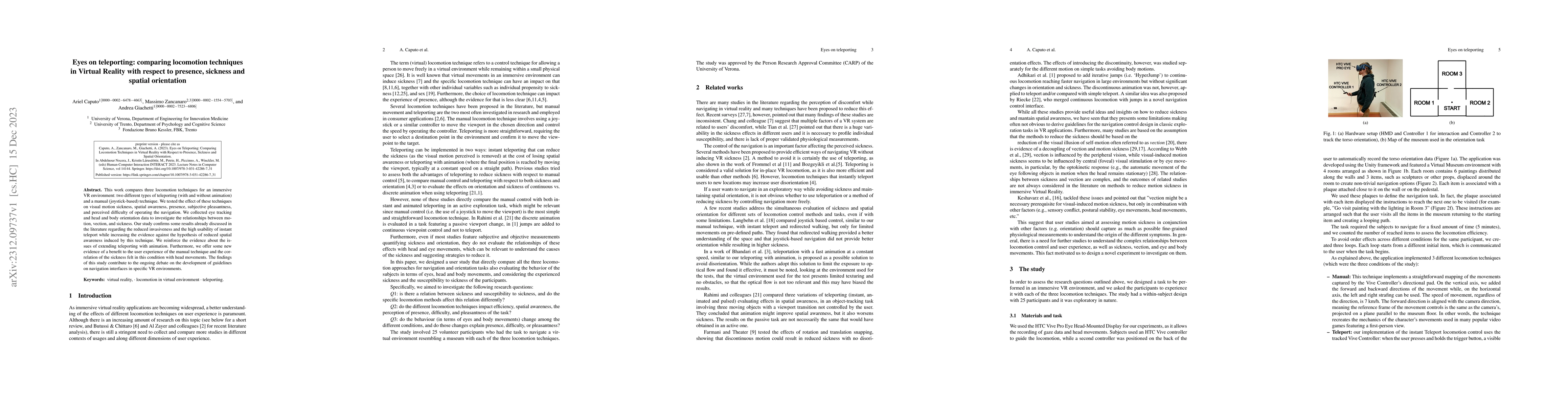 Thumbnail for Eyes on teleporting: comparing locomotion techniques in Virtual Reality
  with respect to presence, sickness and spatial orientation