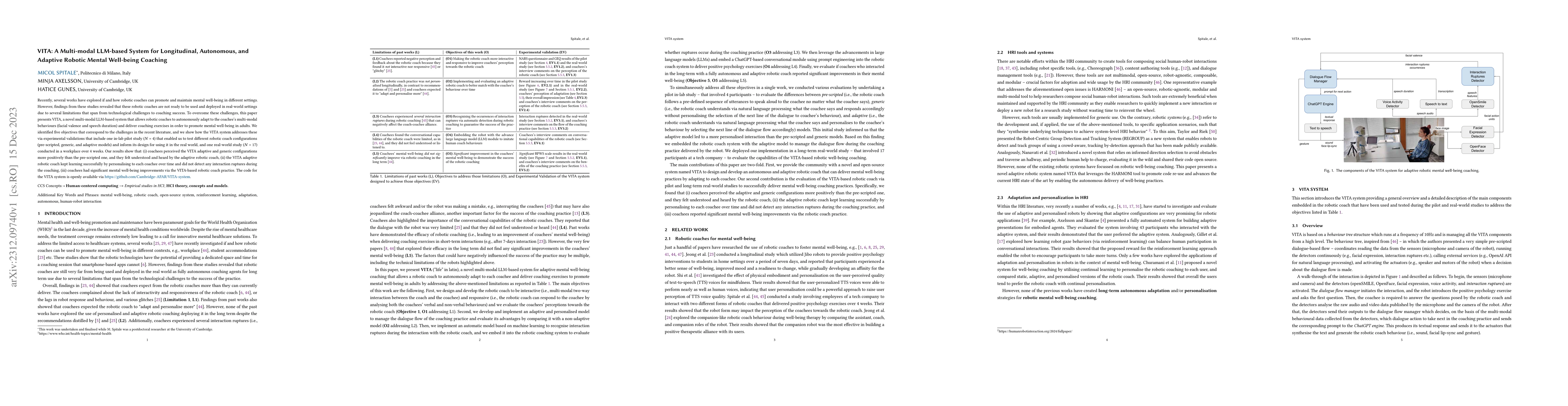Thumbnail for VITA: A Multi-modal LLM-based System for Longitudinal, Autonomous, and
  Adaptive Robotic Mental Well-being Coaching