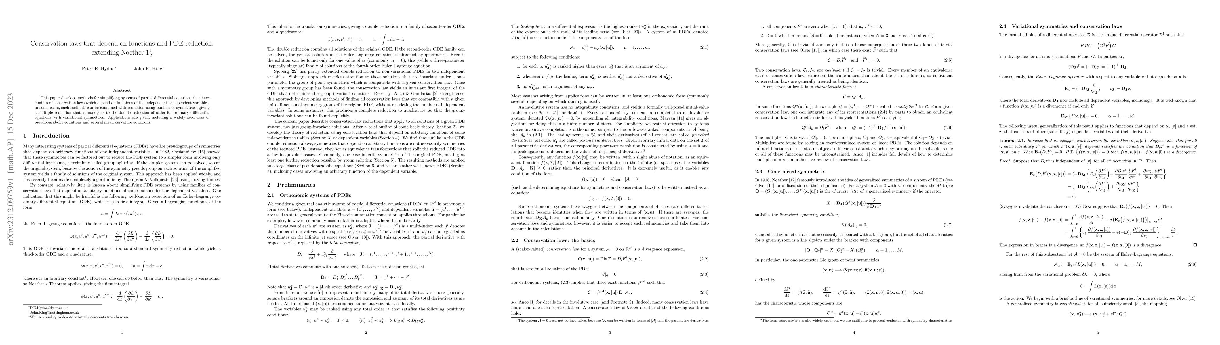 Thumbnail for Conservation laws that depend on functions and PDE reduction: extending
  Noether $1\tfrac{1}{2}$