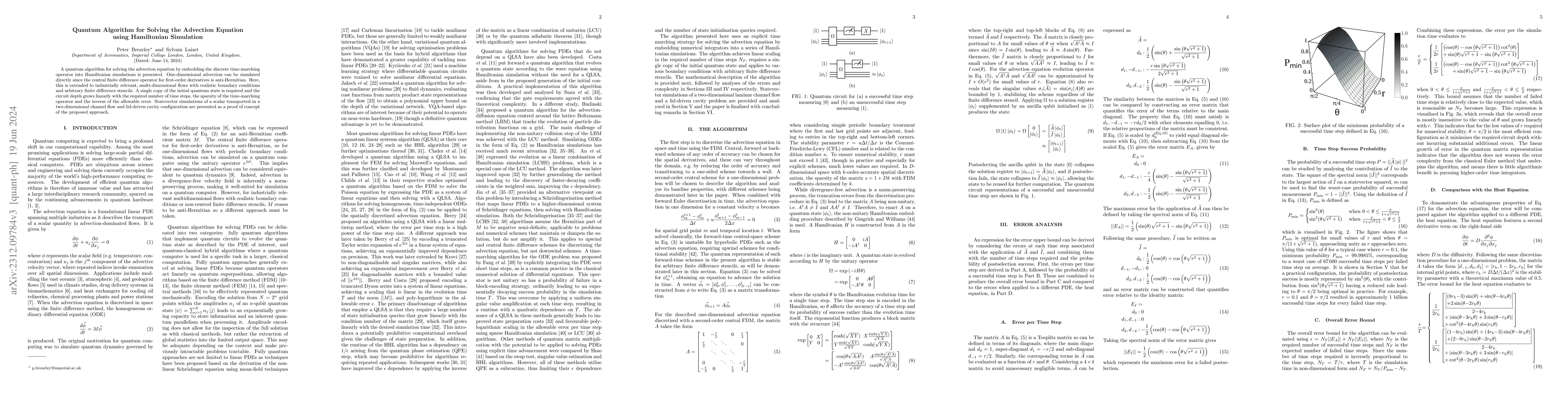 Thumbnail for Quantum Algorithm for Solving the Advection Equation using Hamiltonian
  Simulation
