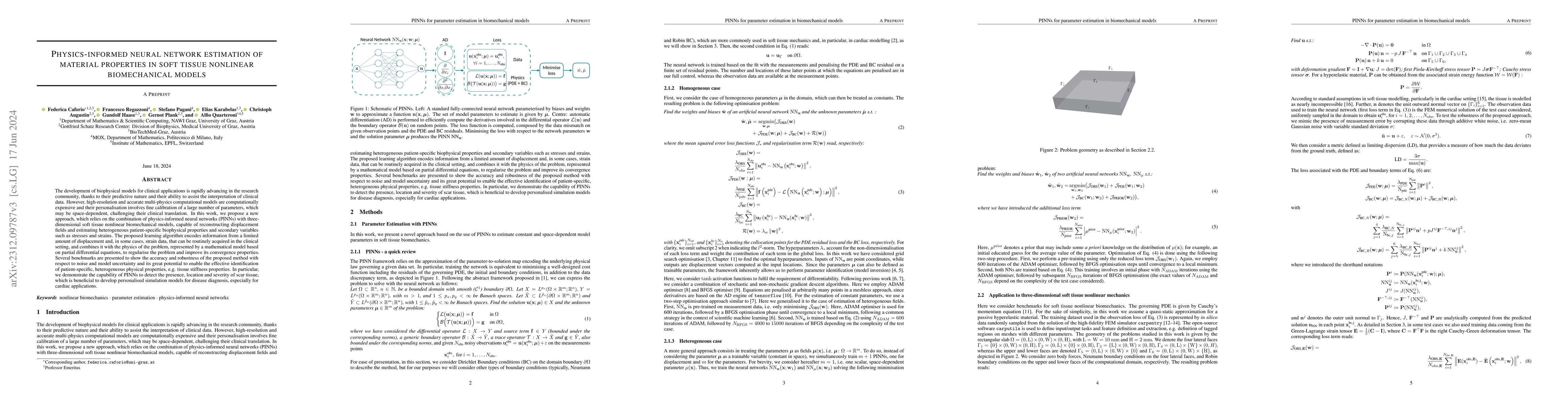Thumbnail for Physics-informed Neural Network Estimation of Material Properties in
  Soft Tissue Nonlinear Biomechanical Models