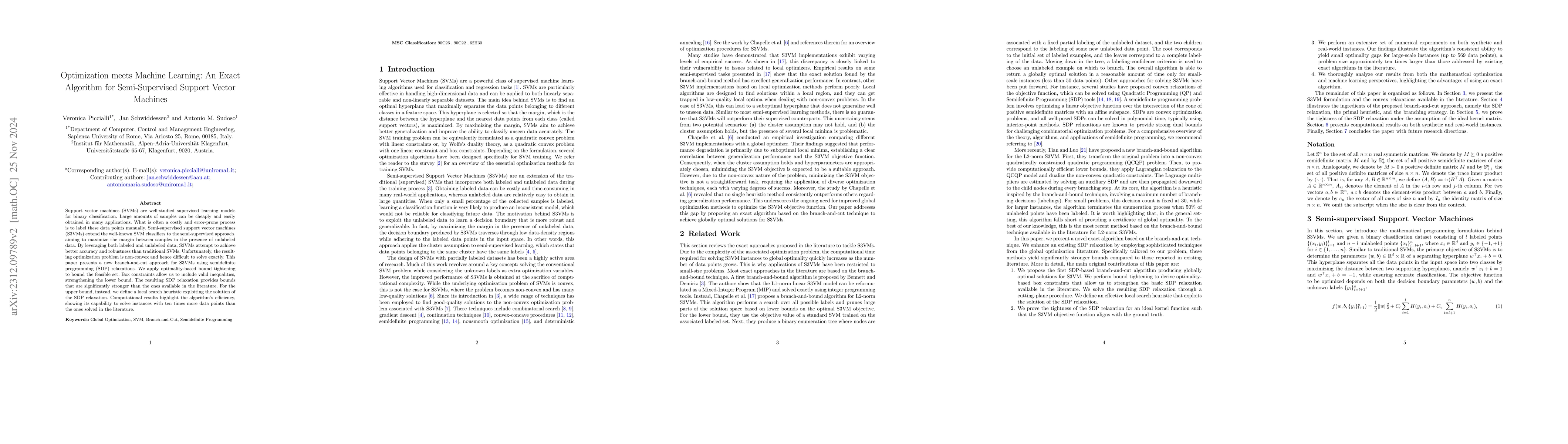 Thumbnail for Optimization meets Machine Learning: An Exact Algorithm for
  Semi-Supervised Support Vector Machines
