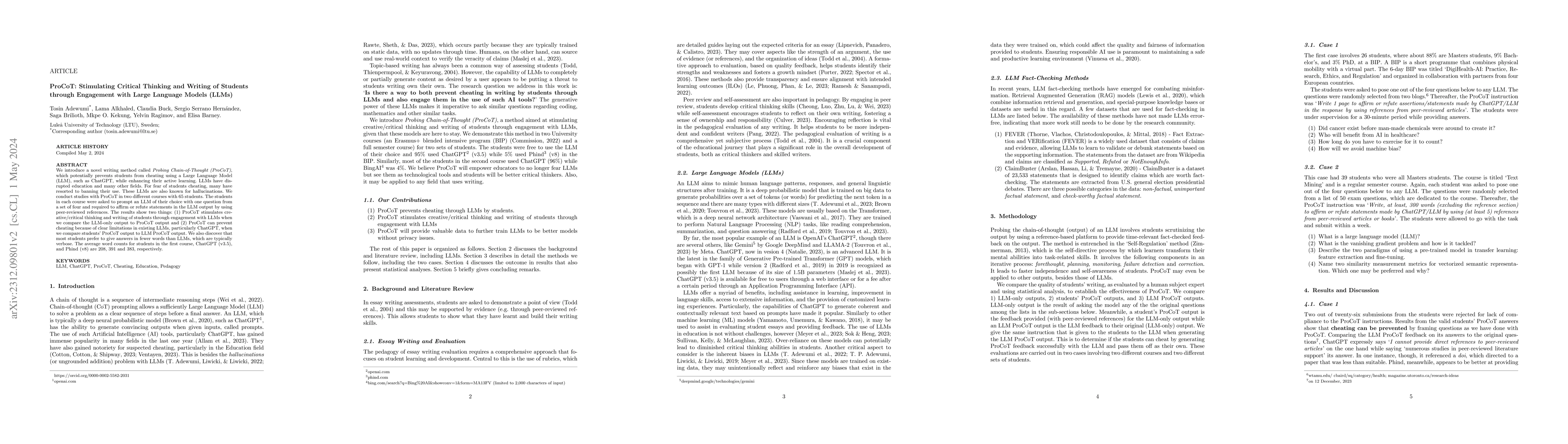 Thumbnail for ProCoT: Stimulating Critical Thinking and Writing of Students through
  Engagement with Large Language Models (LLMs)