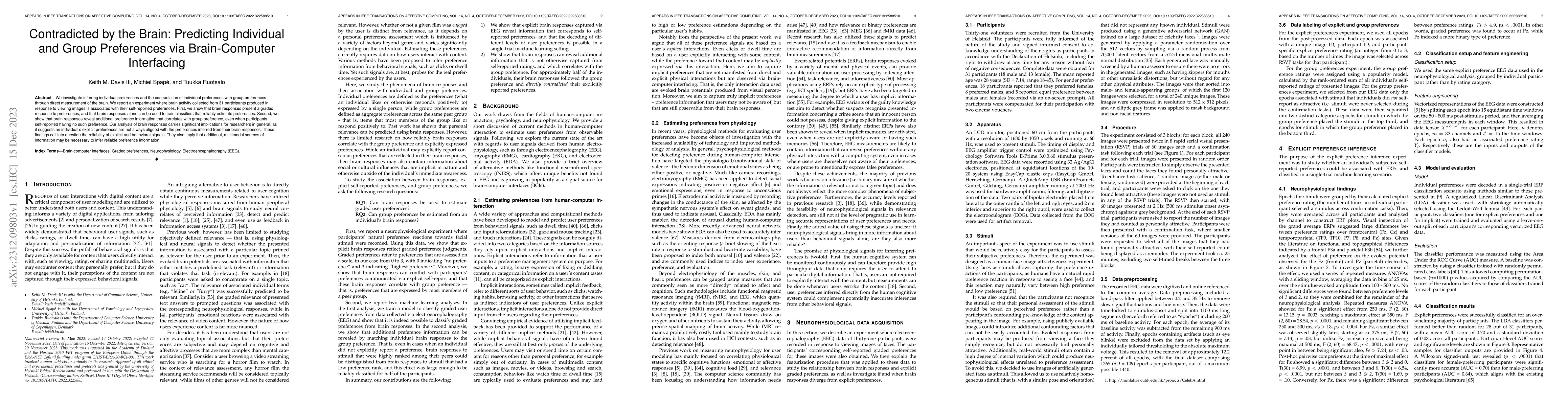 Thumbnail for Contradicted by the Brain: Predicting Individual and Group Preferences
  via Brain-Computer Interfacing