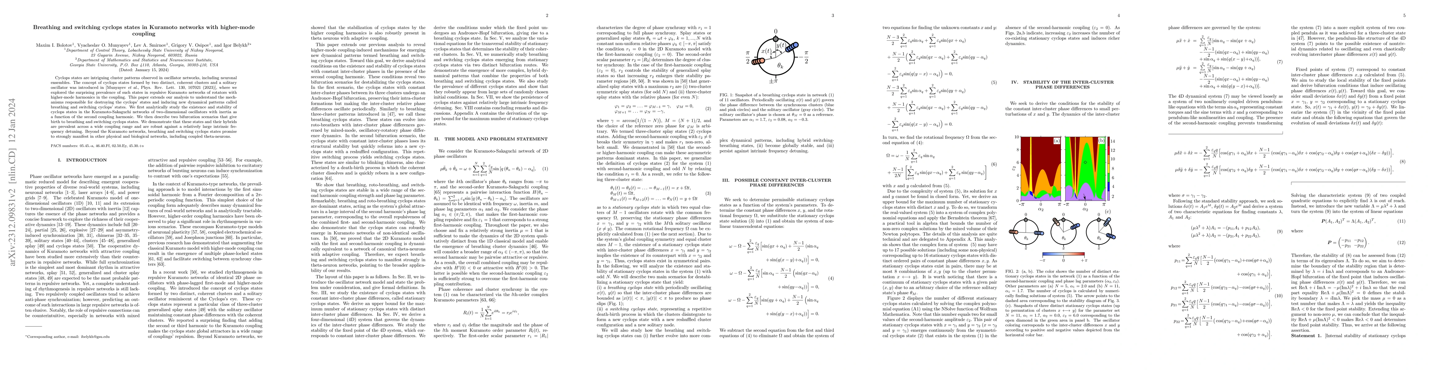Thumbnail for Breathing and switching cyclops states in Kuramoto networks with
  higher-mode coupling
