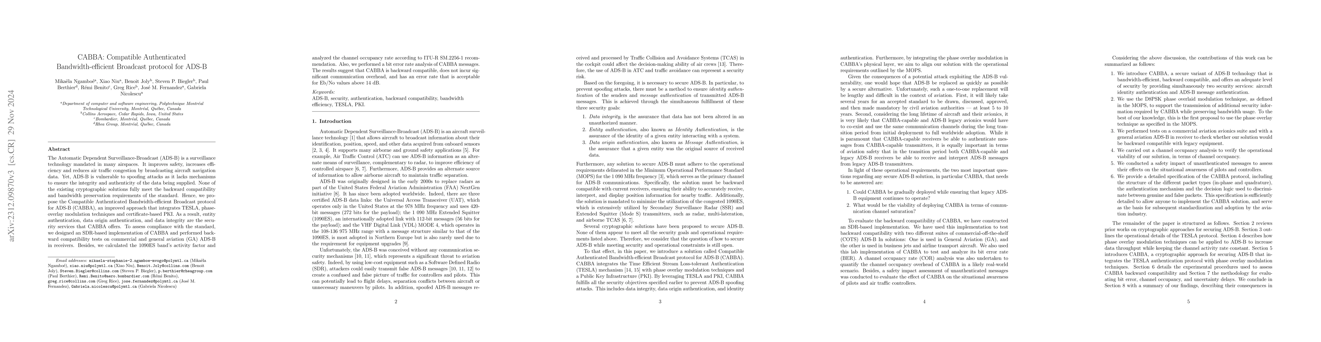 Thumbnail for CABBA: Compatible Authenticated Bandwidth-efficient Broadcast protocol
  for ADS-B