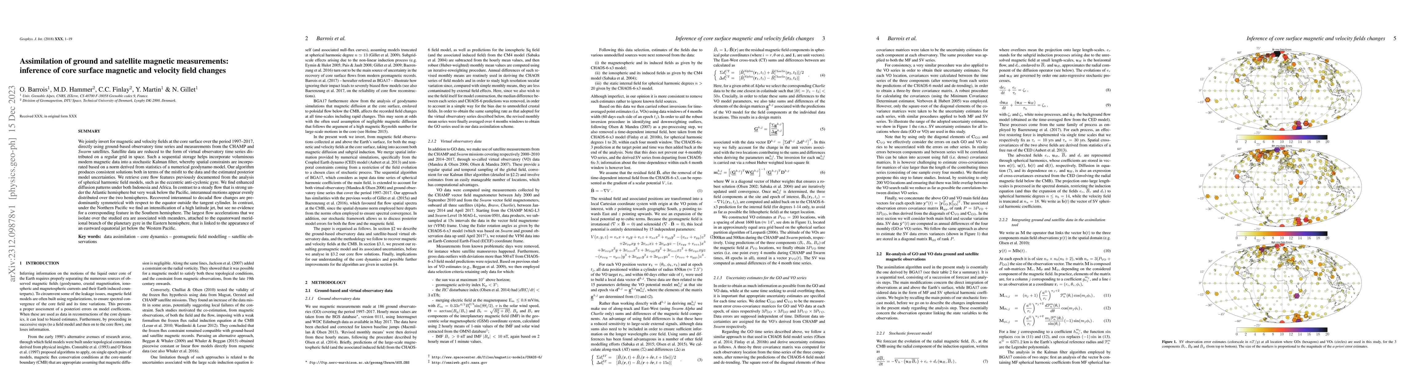 Thumbnail for Assimilation of ground and satellite magnetic measurements: inference of
  core surface magnetic and velocity field changes