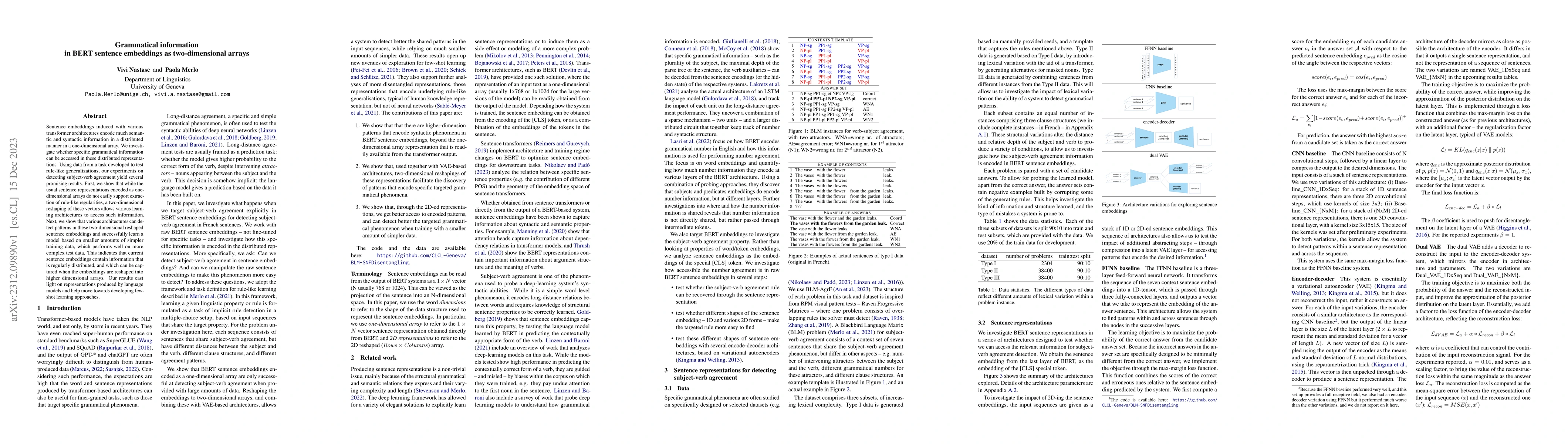 Thumbnail for Grammatical information in BERT sentence embeddings as two-dimensional
  arrays
