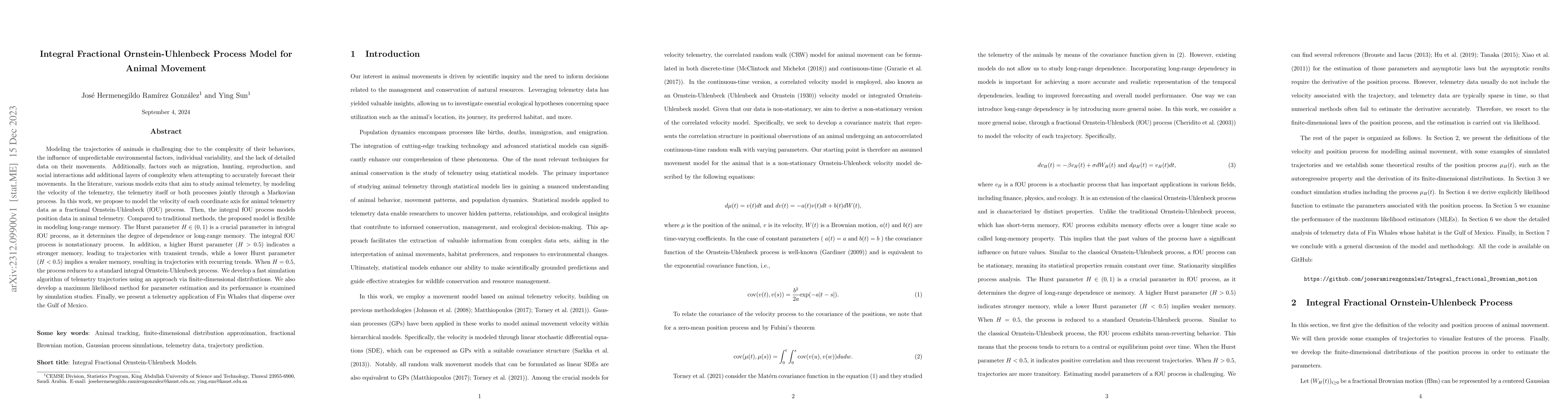 Thumbnail for Integral Fractional Ornstein-Uhlenbeck Process Model for Animal Movement