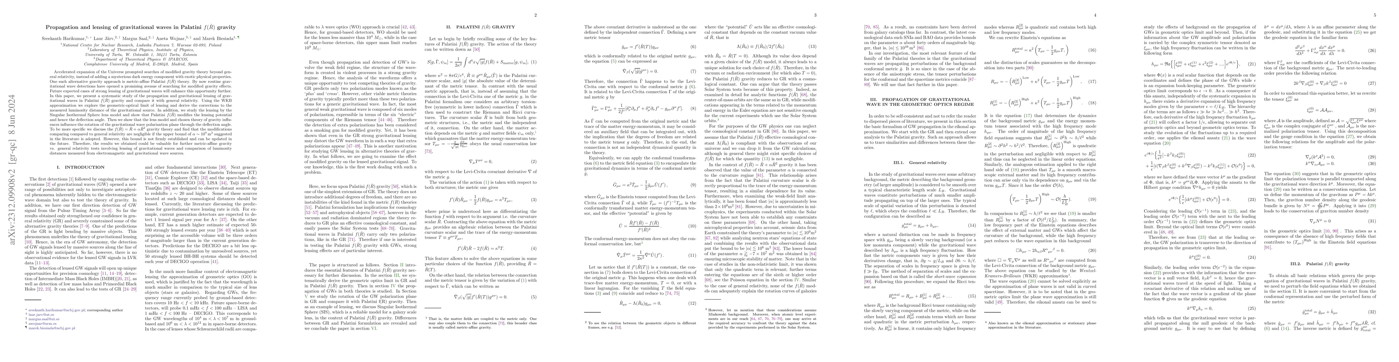 Thumbnail for Propagation and lensing of gravitational waves in Palatini $f(\hat R)$
  gravity