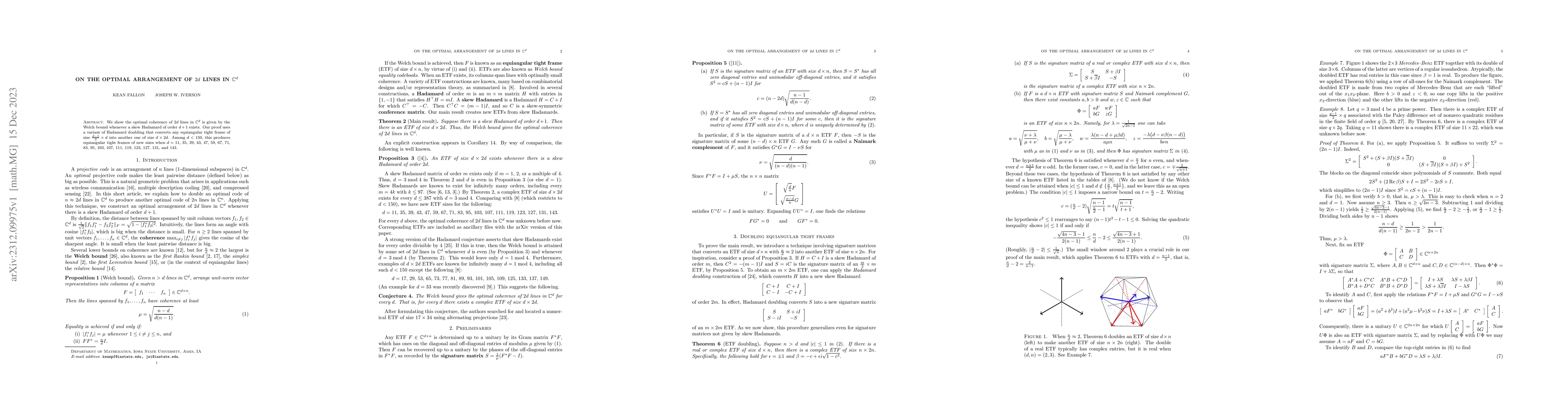 Thumbnail for On the optimal arrangement of $2d$ lines in $\mathbb{C}^d$