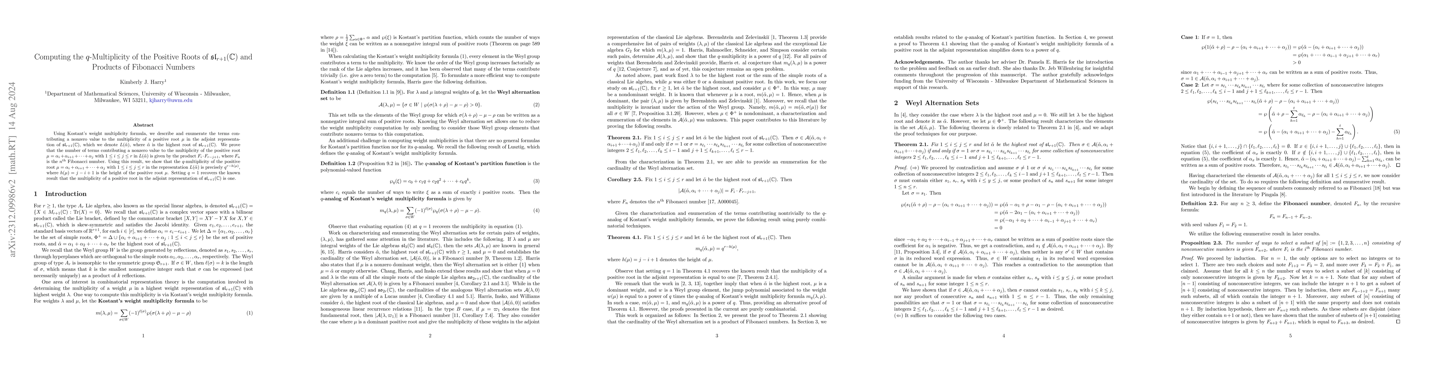Thumbnail for Computing the $q$-Multiplicity of the Positive Roots of
  $\mathfrak{sl}_{r+1}(\mathbb{C})$ and Products of Fibonacci Numbers