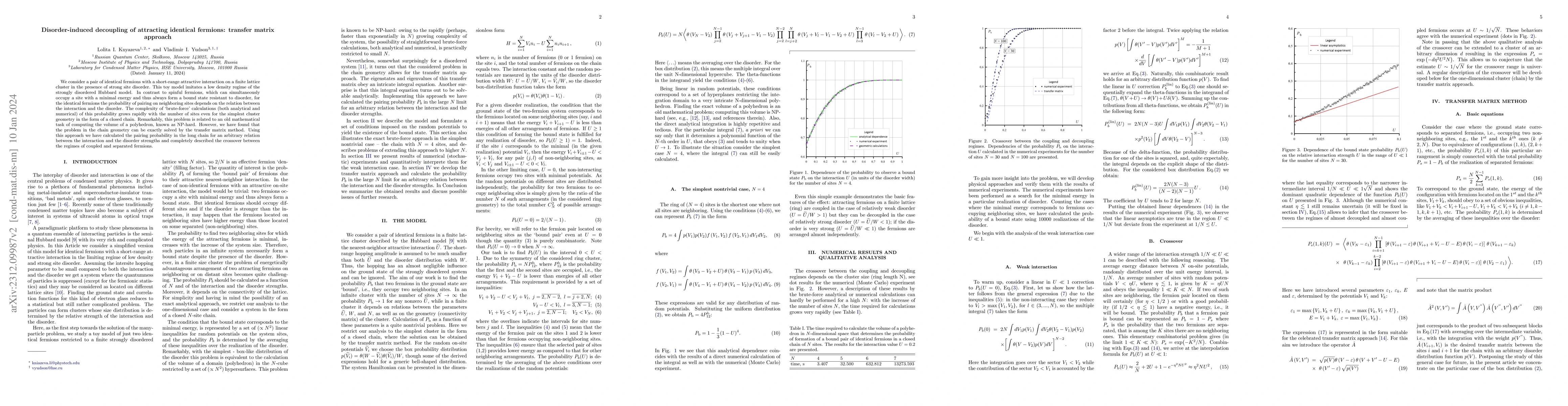 Thumbnail for Disorder-induced decoupling of attracting identical fermions: transfer
  matrix approach