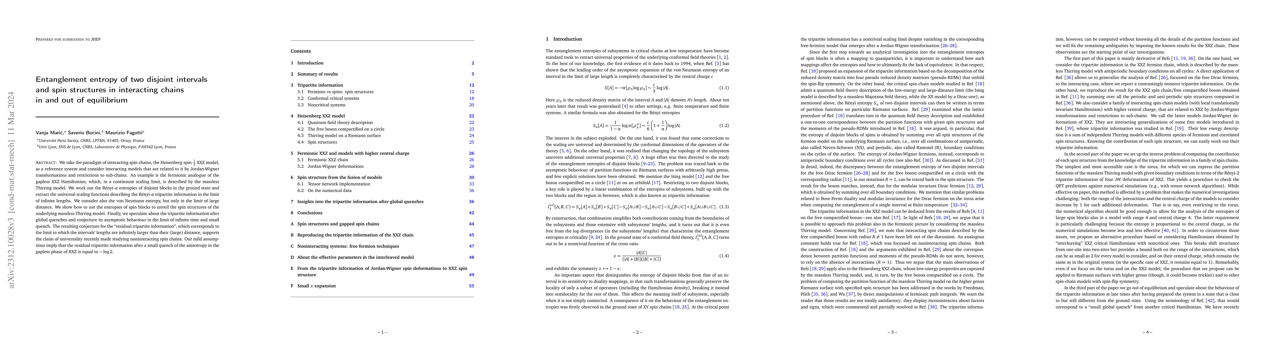 Thumbnail for Entanglement entropy of two disjoint intervals and spin structures in
  interacting chains in and out of equilibrium