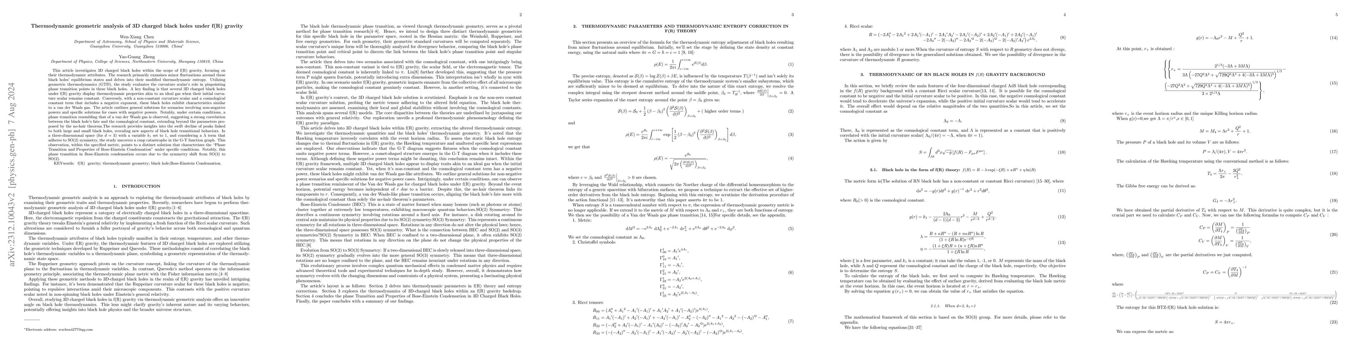 Thumbnail for Thermodynamic geometric analysis of 3D charged black holes under f(R)
  gravity