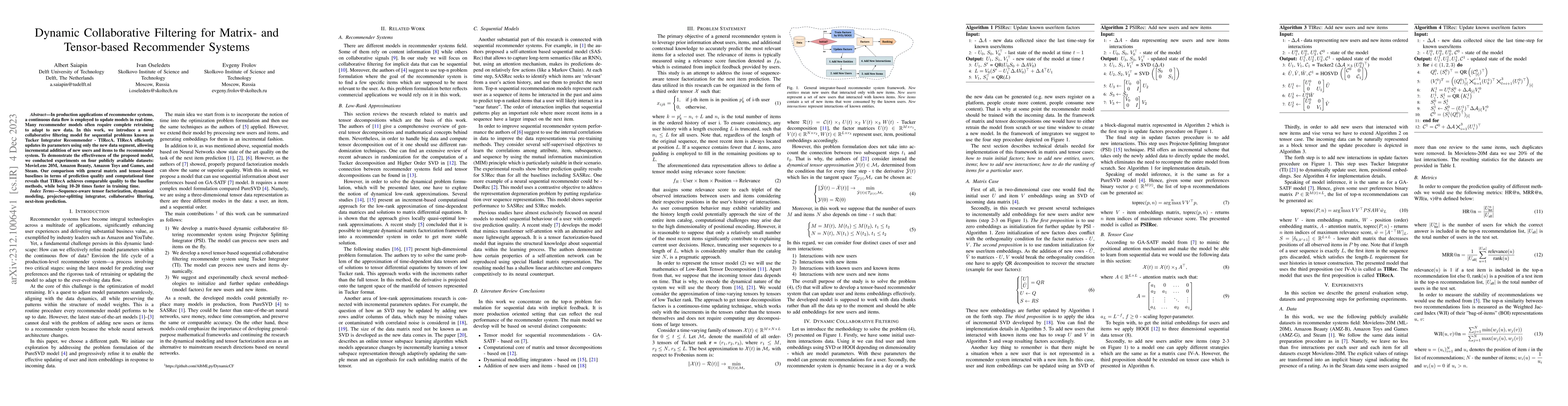 Thumbnail for Dynamic Collaborative Filtering for Matrix- and Tensor-based Recommender
  Systems