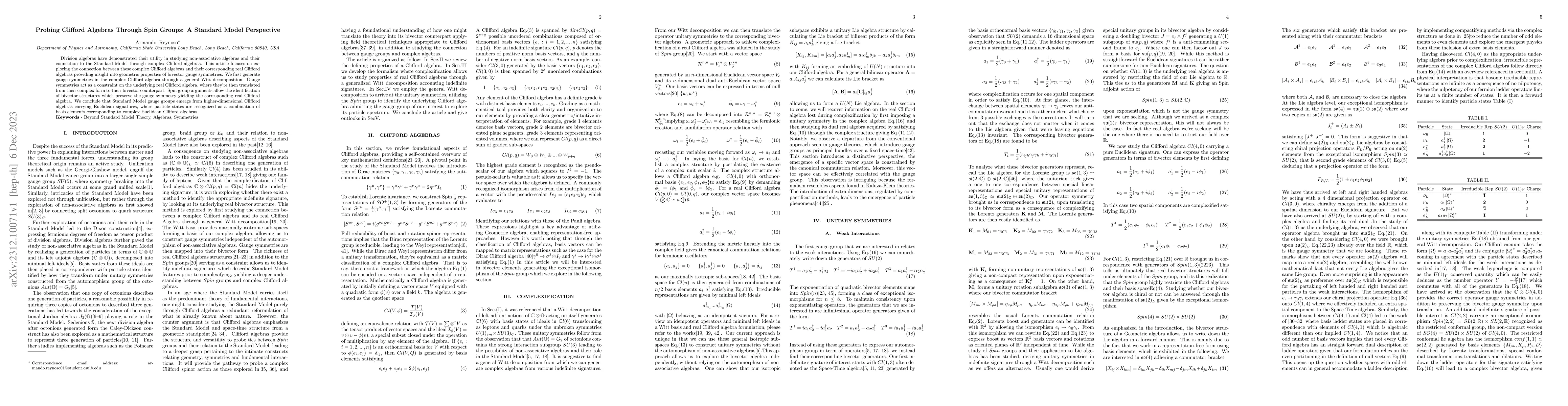 Thumbnail for Probing Clifford Algebras Through Spin Groups: A Standard Model
  Perspective