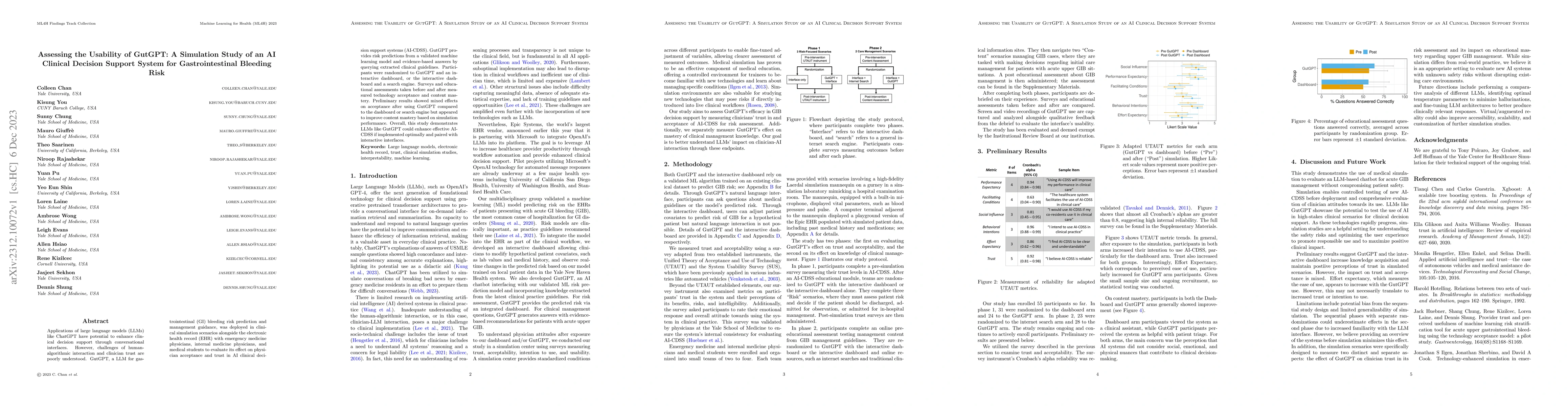 Thumbnail for Assessing the Usability of GutGPT: A Simulation Study of an AI Clinical
  Decision Support System for Gastrointestinal Bleeding Risk