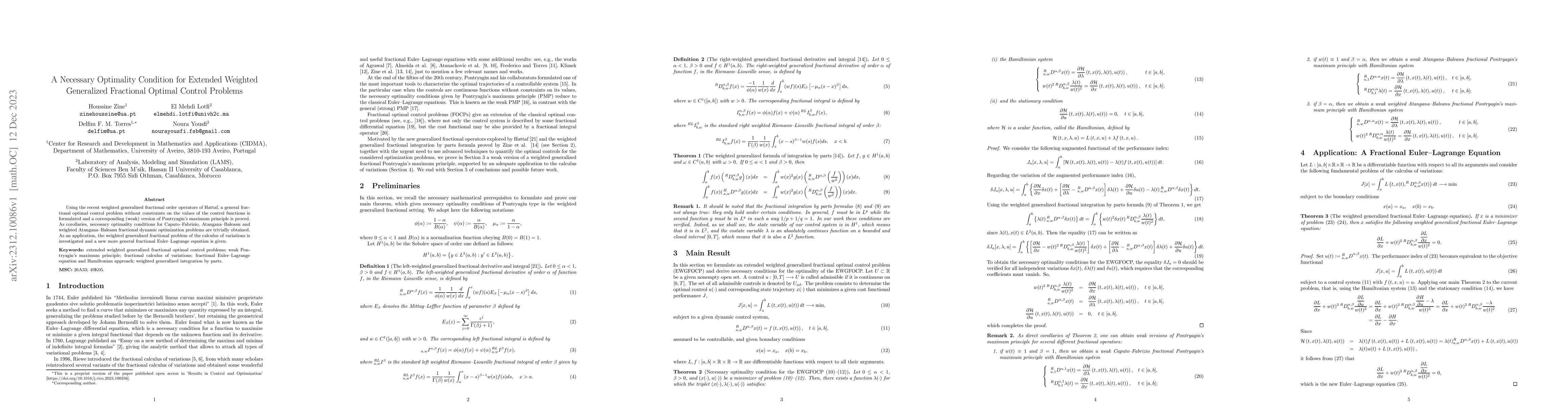 Thumbnail for A Necessary Optimality Condition for Extended Weighted Generalized
  Fractional Optimal Control Problems