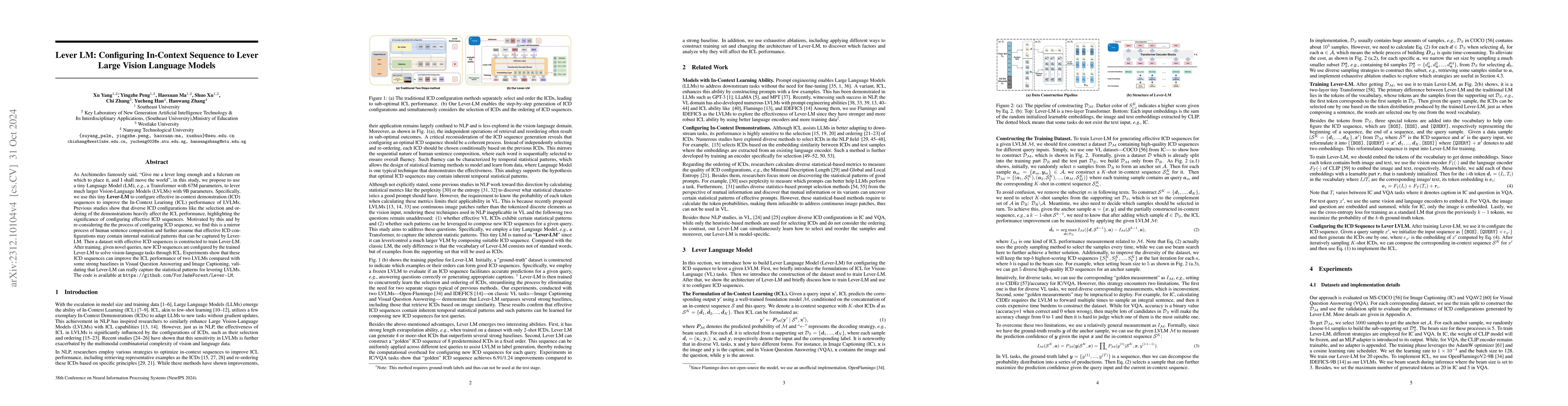 Thumbnail for Lever LM: Configuring In-Context Sequence to Lever Large Vision Language
  Models