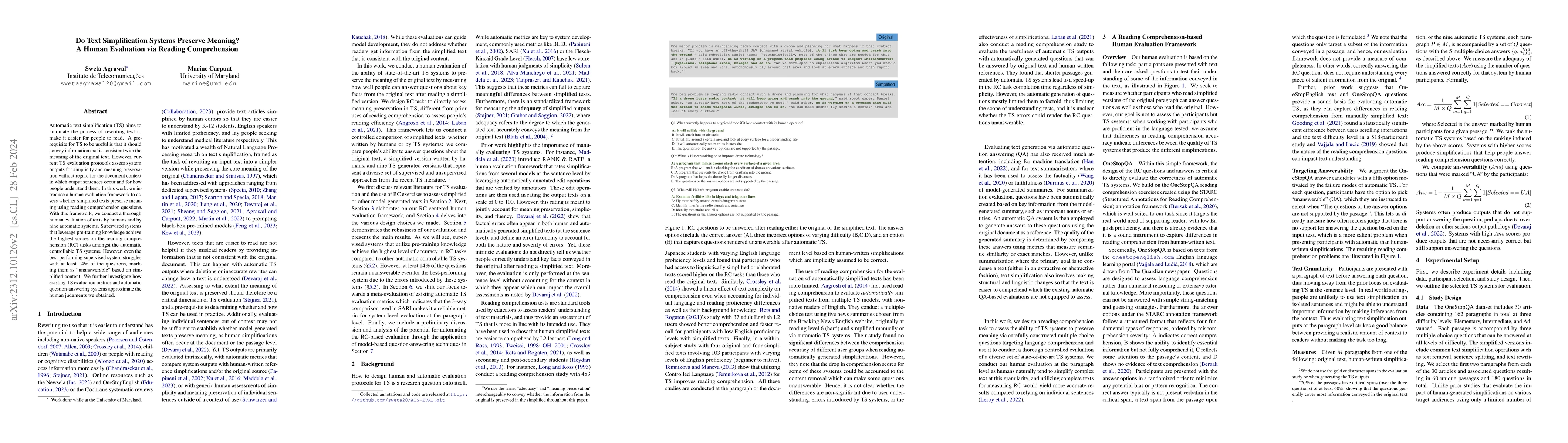 Thumbnail for Do Text Simplification Systems Preserve Meaning? A Human Evaluation via
  Reading Comprehension