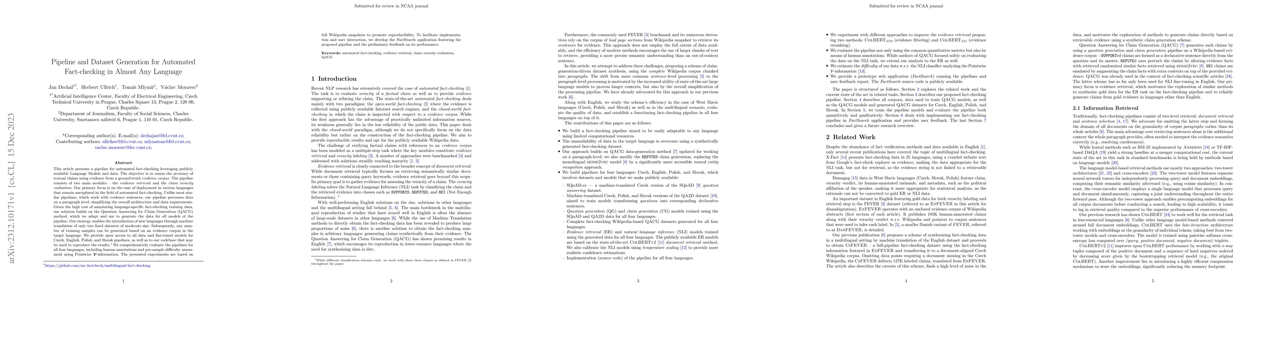Thumbnail for Pipeline and Dataset Generation for Automated Fact-checking in Almost
  Any Language