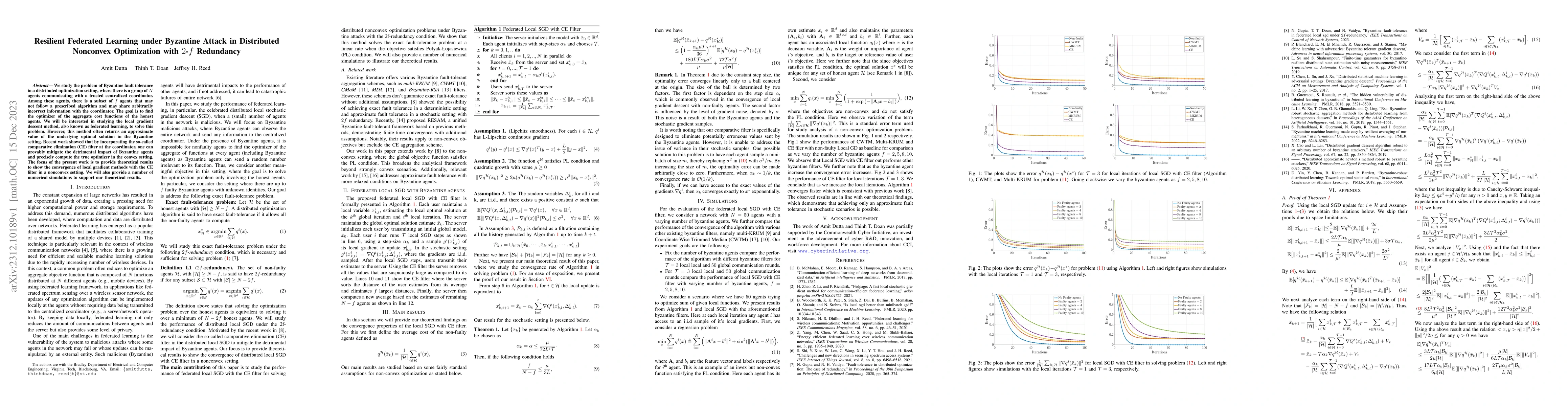 Thumbnail for Resilient Federated Learning under Byzantine Attack in Distributed
  Nonconvex Optimization with 2-f Redundancy