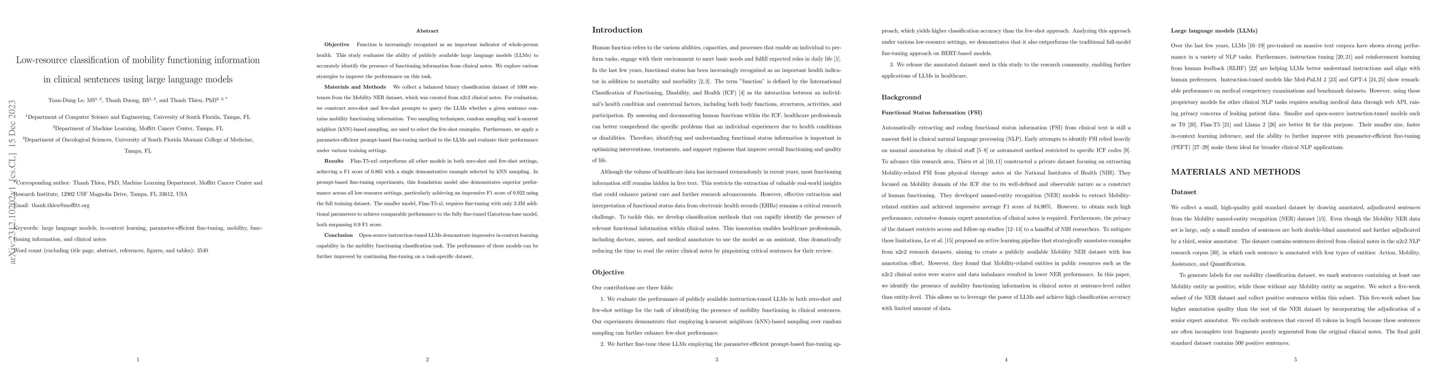 Thumbnail for Low-resource classification of mobility functioning information in
  clinical sentences using large language models