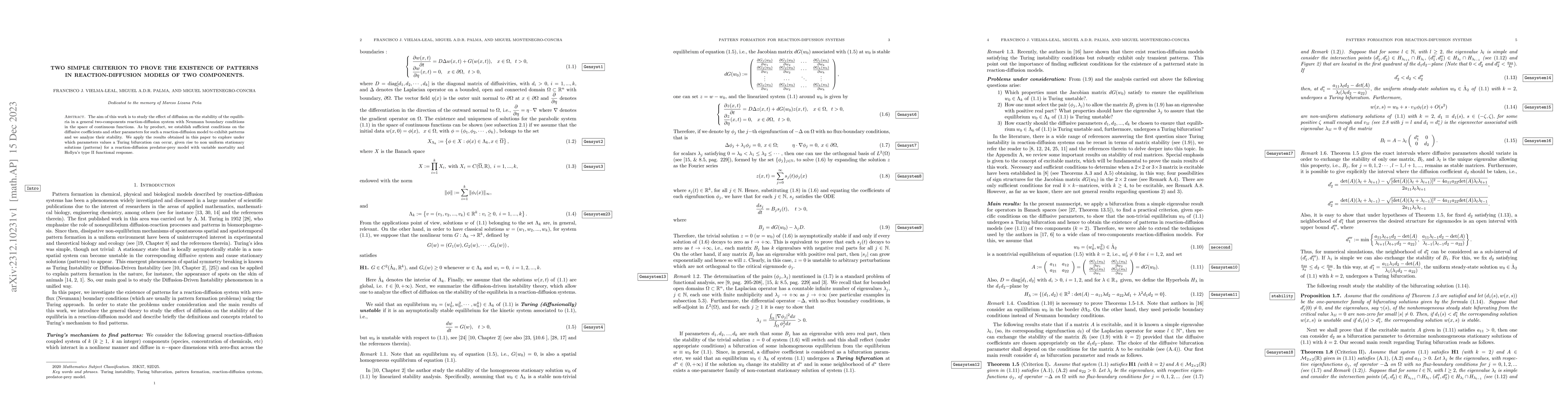 Thumbnail for Two simple criterion to prove the existence of patterns in
  reaction-diffusion models of two components
