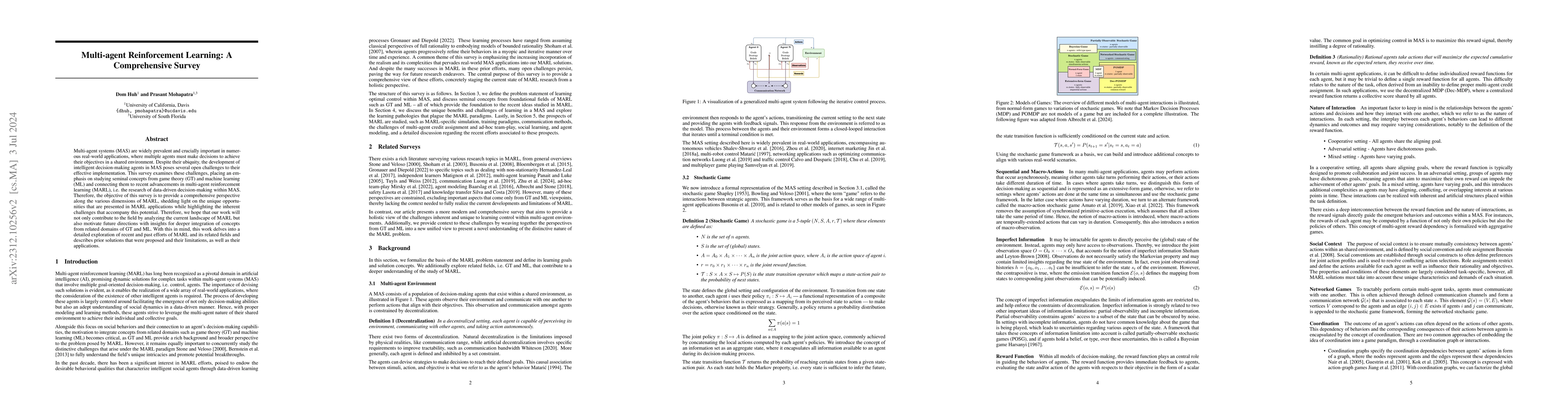 Thumbnail for Multi-agent Reinforcement Learning: A Comprehensive Survey