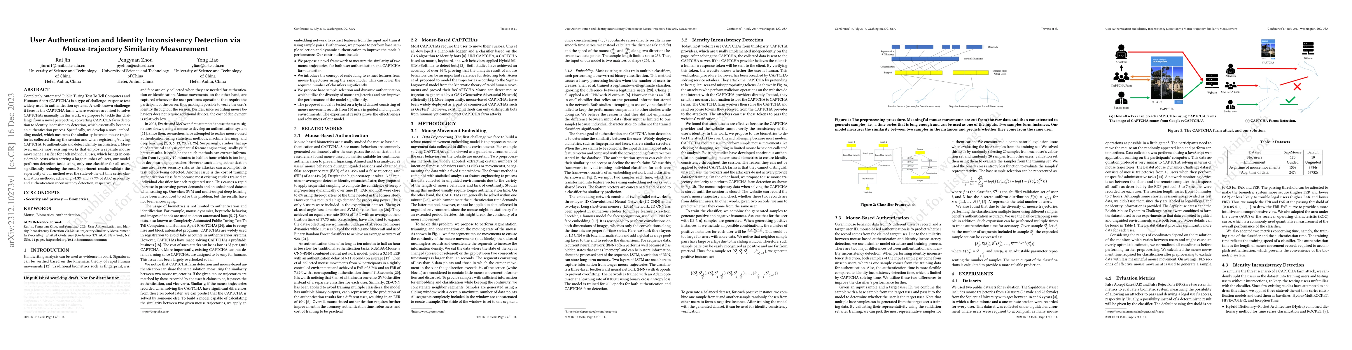Thumbnail for User Authentication and Identity Inconsistency Detection via
  Mouse-trajectory Similarity Measurement
