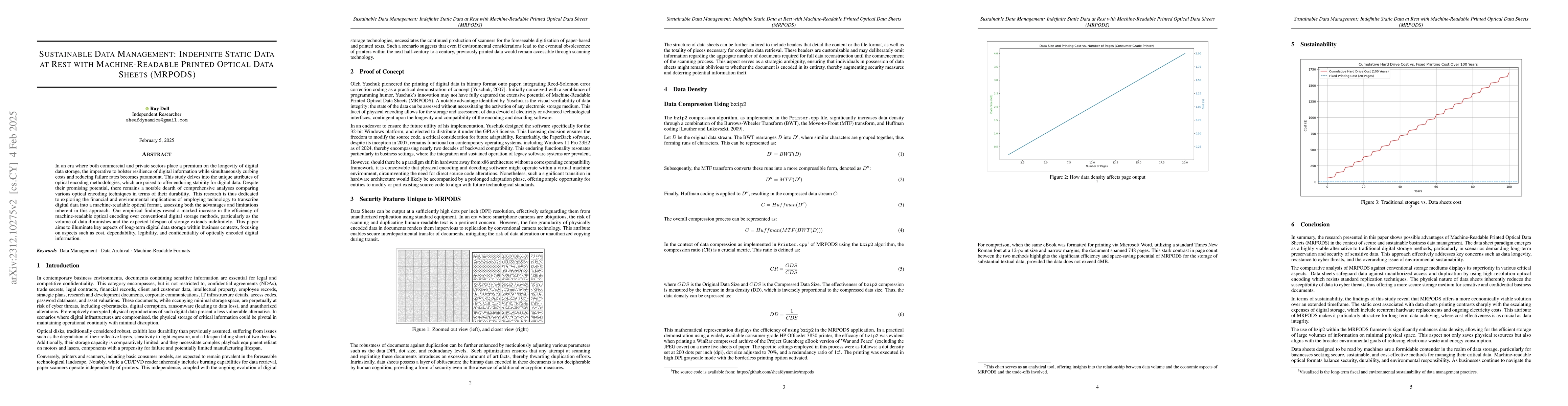 Thumbnail for Sustainable Data Management: Indefinite Static Data at Rest with
  Machine-Readable Printed Optical Data Sheets (MRPODS)