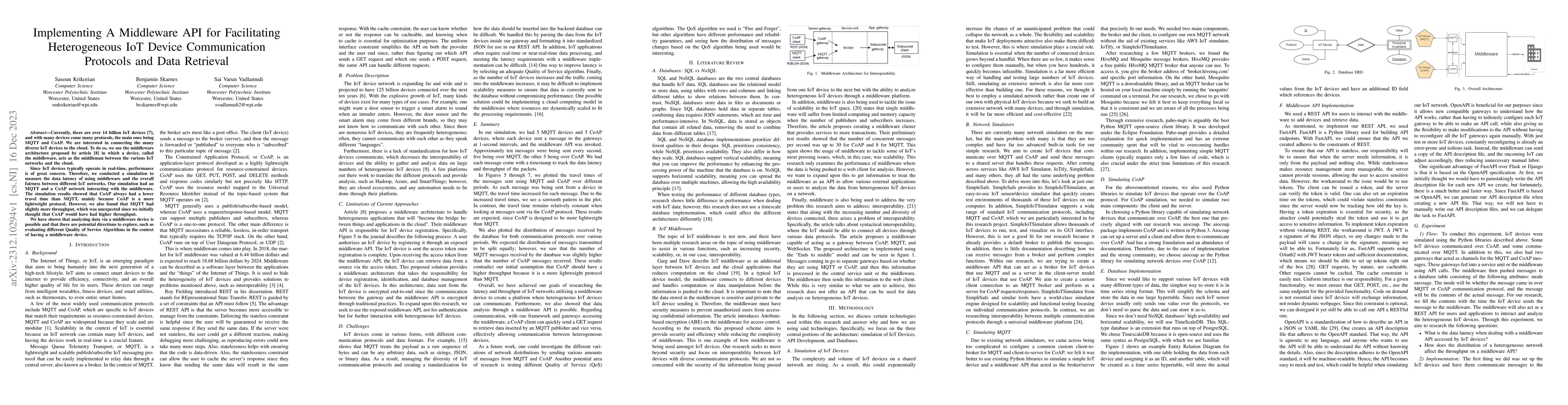 Thumbnail for Implementing A Middleware API for Facilitating Heterogeneous IoT Device
  Communication Protocols and Data Retrieval