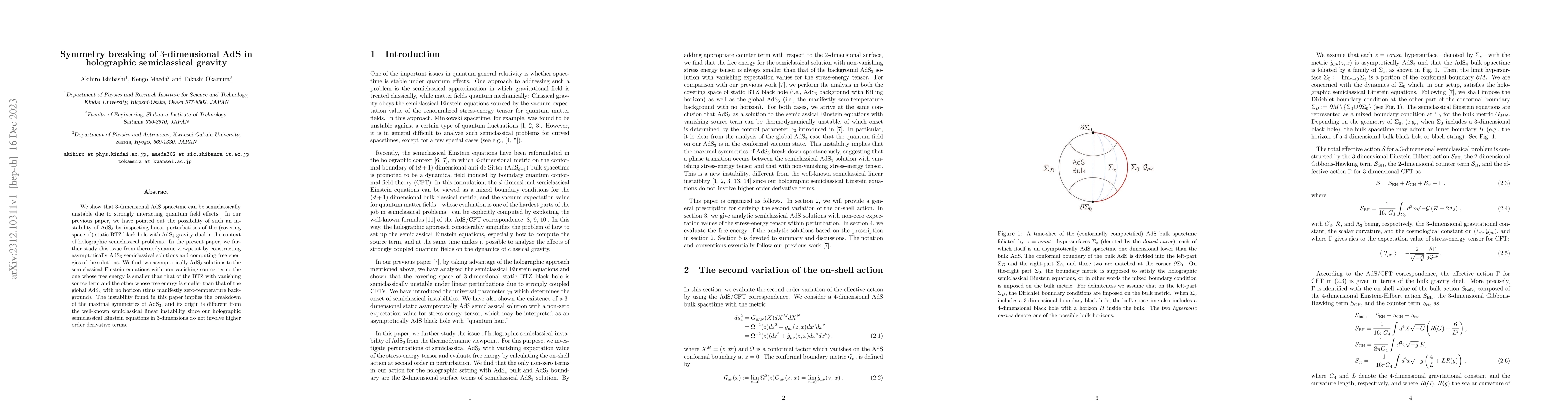 Thumbnail for Symmetry breaking of $3$-dimensional AdS in holographic semiclassical
  gravity