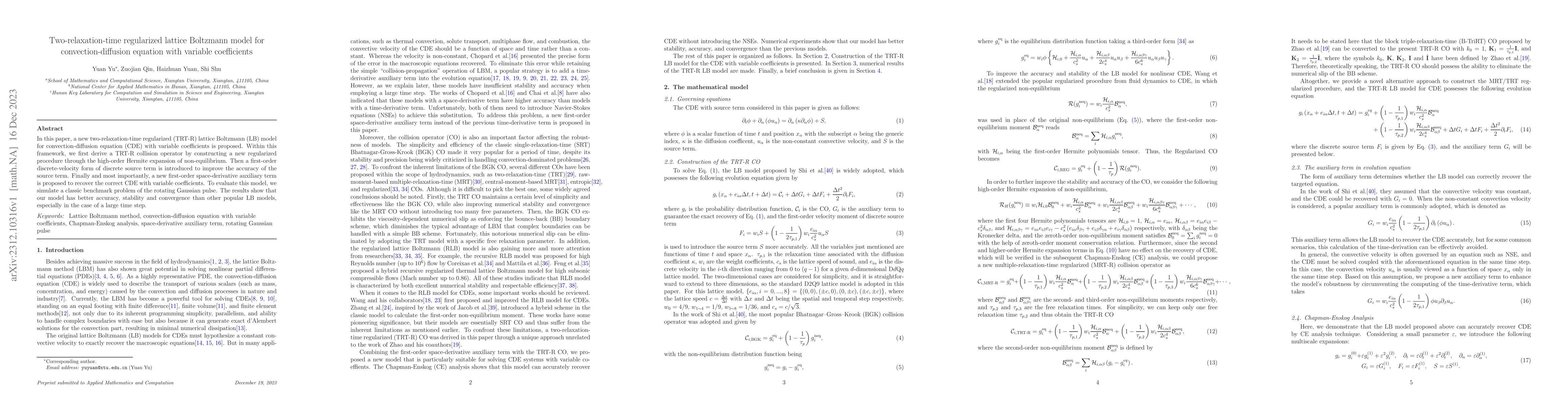 Thumbnail for Two-relaxation-time regularized lattice Boltzmann model for
  convection-diffusion equation with variable coefficients