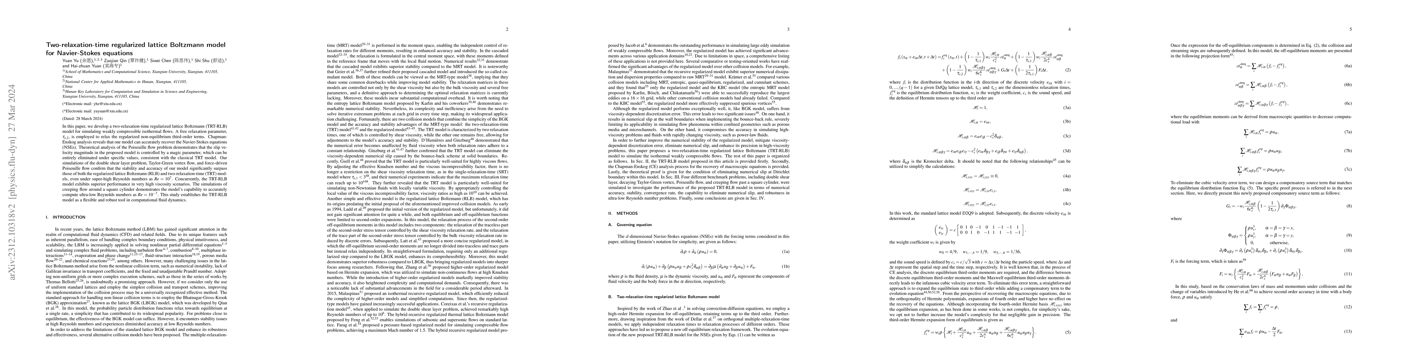 Thumbnail for Two-relaxation-time regularized lattice Boltzmann model for
  Navier-Stokes equations