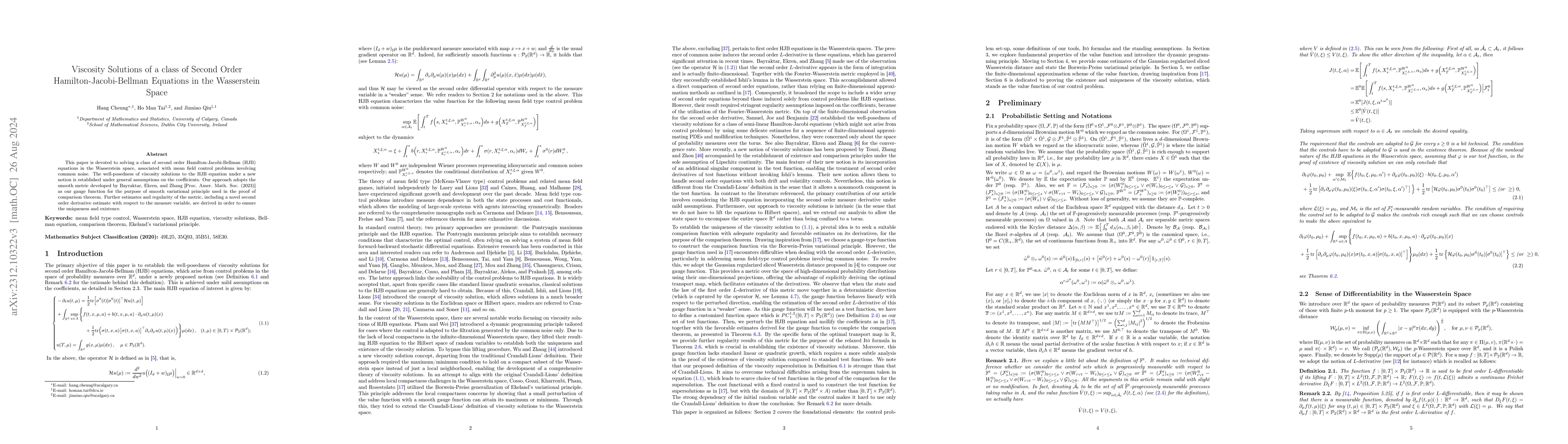Thumbnail for Viscosity Solutions of a class of Second Order Hamilton-Jacobi-Bellman
  Equations in the Wasserstein Space