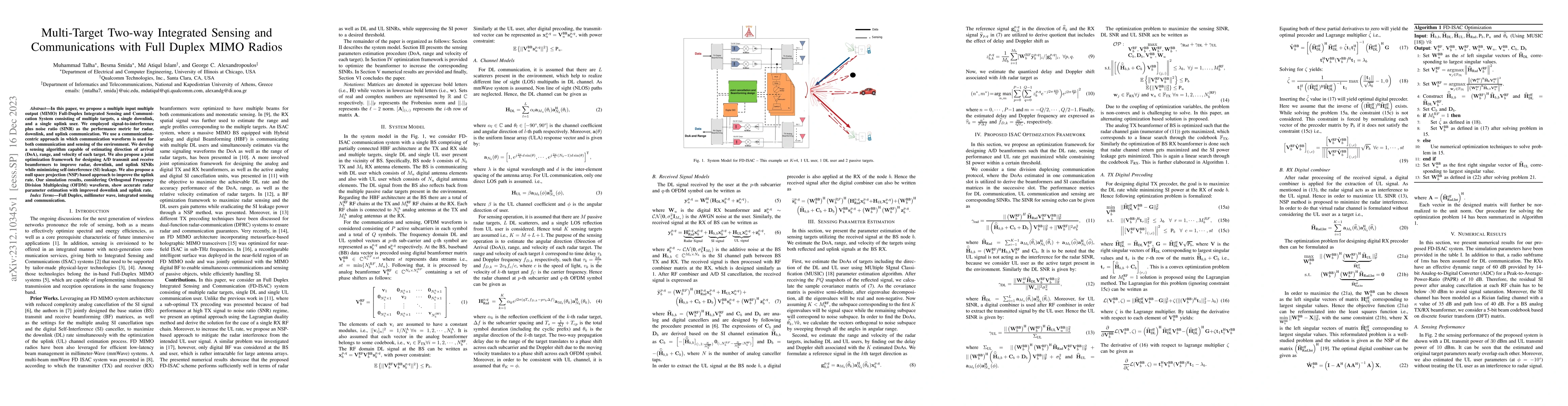 Thumbnail for Multi-Target Two-way Integrated Sensing and Communications with Full
  Duplex MIMO Radios